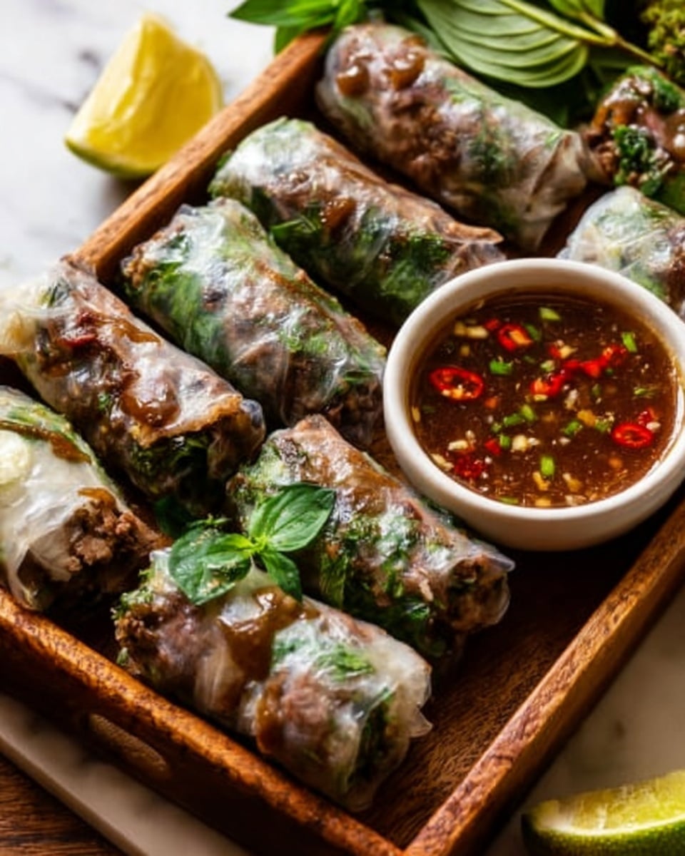 Five fresh spring rolls are neatly arranged in a row on an oval-shaped white plate. Each roll has a thin, translucent rice paper outer layer wrapped tightly around dark brown cooked beef pieces mixed with vibrant green leafy herbs. Bright red chili slices and fresh green mint leaves garnish the top of each roll. The spring rolls sit in a dark, glossy dipping sauce that also contains small bits of herbs and spices. In the background, a small white bowl filled with a light brown dipping sauce with floating herbs is also visible, all placed on a white marbled surface. Photo taken with an iphone --ar 4:5 --v 7