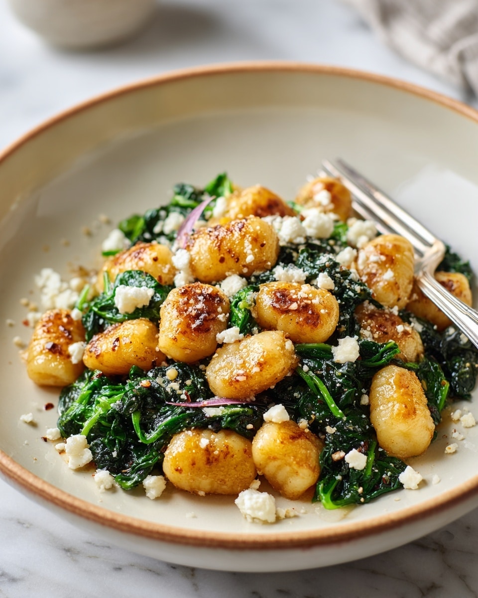 The dish shows a single layer of golden-brown gnocchi that are slightly crispy on the outside with a soft, pillowy look. Mixed in and beneath the gnocchi, there is a generous amount of dark green sautéed spinach with a shiny texture. Scattered unevenly on top and around the gnocchi are small white crumbles of cheese, adding contrast to the colors. The food is served on a shallow white bowl with a light beige inner surface and a subtle brown rim. In the background, there is a blurred glimpse of a silver fork resting on the side inside the bowl. The setting is a white marbled surface. photo taken with an iphone --ar 4:5 --v 7