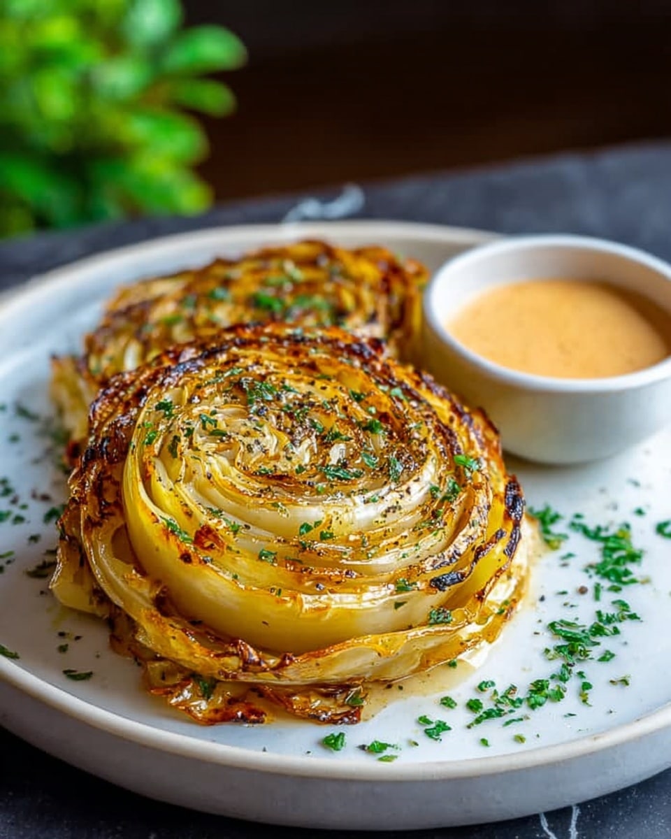 Three round layers of grilled cabbage slices are stacked slightly overlapping on a white plate, each layer showing light golden char marks and a glossy texture from oil or butter. The cabbage is sprinkled with small green herb pieces and black pepper, adding a fresh and slightly spicy look. A small side of creamy light orange sauce is placed in a white bowl beside the cabbage, and some finely chopped green herbs are scattered next to the bowl. The plate sits on a white marbled surface with a blurred green plant in the back. photo taken with an iphone --ar 4:5 --v 7