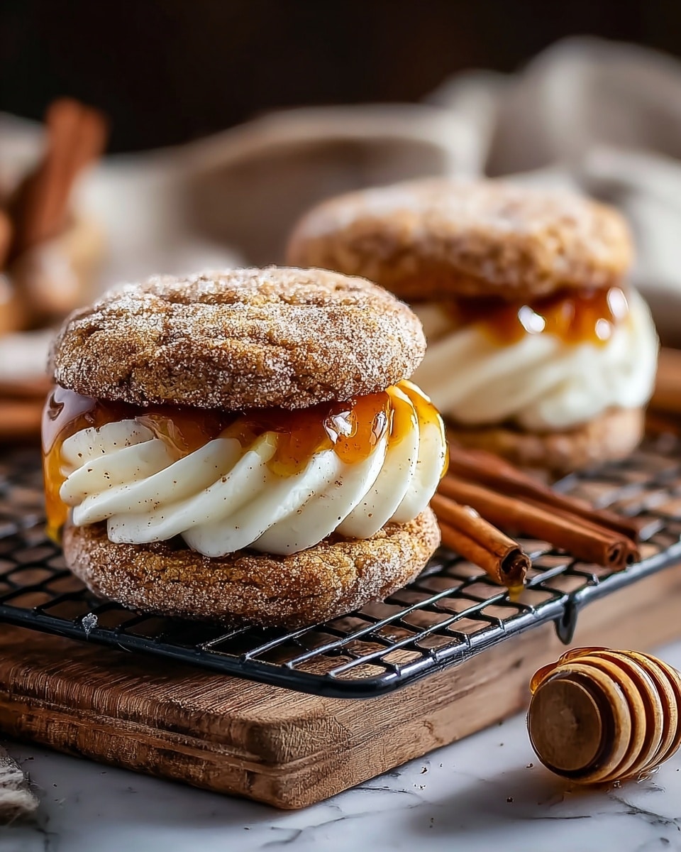 Two sandwich-style cookies rest on a black metal cooling rack set on a wooden board over a white marbled surface. Each sandwich has three visible layers: the top and bottom layers are light brown, sugar-coated cookies with a slightly rough texture and specks of cinnamon. Between the cookies is a thick swirl of smooth white cream filling, topped with a glossy, amber-colored drizzle that looks sticky and slightly translucent. Cinnamon sticks lie nearby, and a wooden honey dipper with honey is partially visible to the right. The background is softly blurred, focusing attention on the front cookie. Photo taken with an iphone --ar 4:5 --v 7