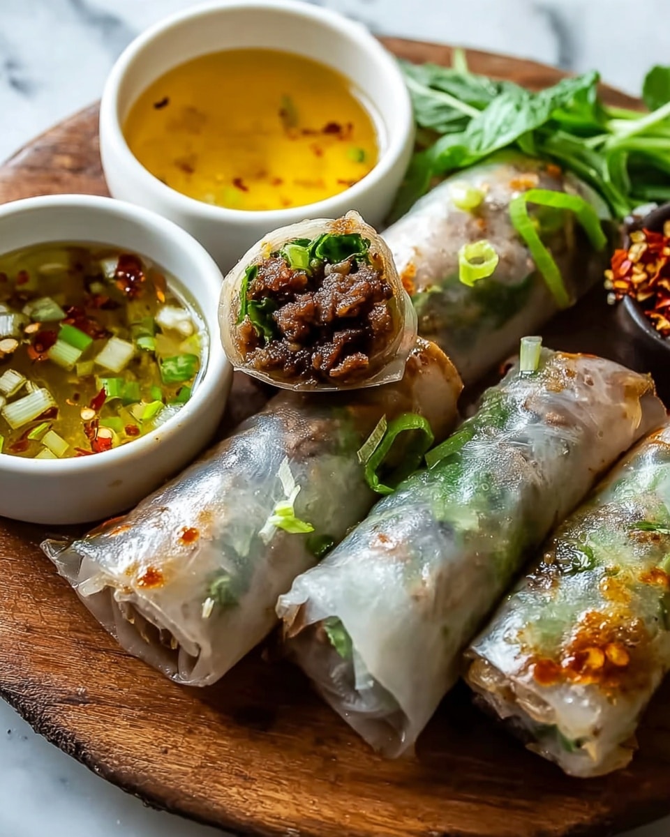 The image shows a wooden round board holding six translucent spring rolls with a shiny, slightly oily surface, lightly browned spots, and sprinkled with chopped green onions. One spring roll is cut open at the top, revealing a dark brown cooked meat filling mixed with green leafy vegetables. Next to the spring rolls, there are two small white bowls with dipping sauces; one sauce is a clear yellow-green liquid with floating bits of chopped garlic and sliced green onions, and the other is a dark reddish-brown sauce with chili flakes. The background is a white marbled texture. Photo taken with an iphone --ar 4:5 --v 7