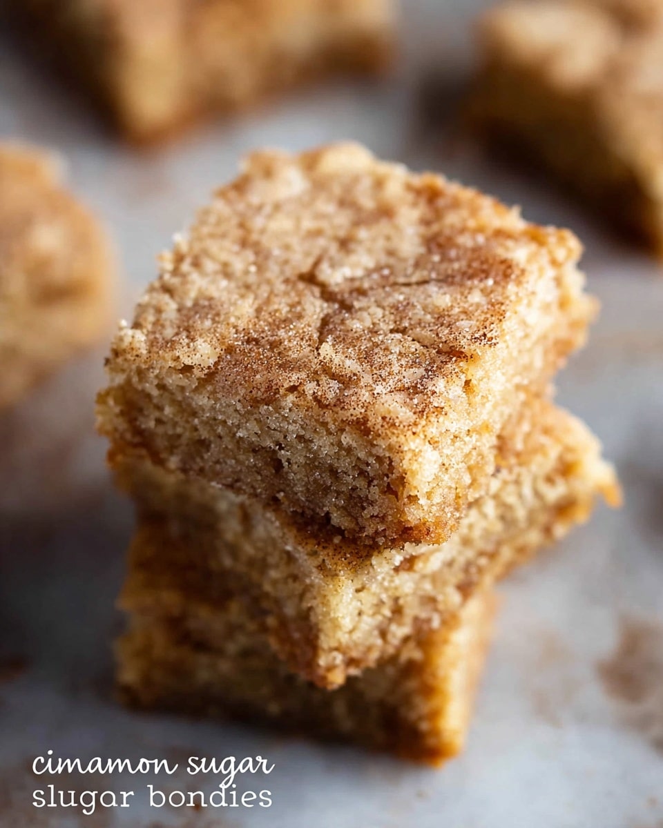 A close-up view of three cinnamon sugar blondies stacked on top of each other on a scratched wooden surface. Each blondie has two visible layers: a dense, moist brown base with a textured crumb, and a top layer sprinkled with a fine, light tan cinnamon sugar coating that adds a grainy texture. The edges show slight crumbling, highlighting the soft but firm texture of the blondies. The background fades softly with blurred blondies in a similar brown tone visible around the stack. Photo taken with an iphone --ar 4:5 --v 7