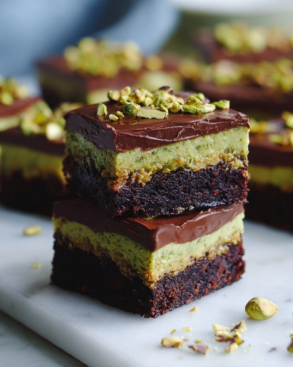 This image shows two square dessert bars stacked on top of each other on a white marbled surface. Each bar has three layers: a bottom dark brown, moist and crumbly chocolate cake layer; a middle green, creamy pistachio filling with a slightly chunky texture; and a top glossy chocolate ganache layer that is smooth and dark brown. The top layer of the upper bar is decorated with small pieces of chopped pistachios. In the background, more bars with the same layers and decorations are slightly blurred, and some loose chopped pistachios are scattered near the bars. Photo taken with an iphone --ar 4:5 --v 7
