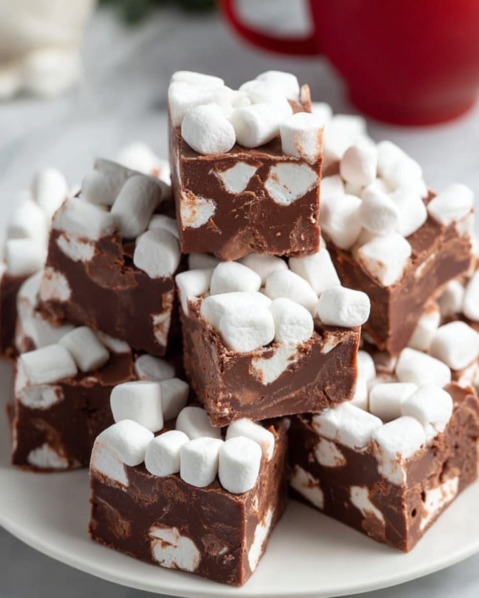 A close-up view of a white plate filled with several square pieces of chocolate fudge stacked in a small pile. Each fudge piece has a smooth, rich brown chocolate base mixed with white marshmallow chunks inside and topped generously with more whole white marshmallows. The texture shows the soft, creamy look of the chocolate contrasted with the soft, fluffy marshmallows. The background is a white marbled surface with hints of a red cup blurred out. photo taken with an iphone --ar 4:5 --v 7