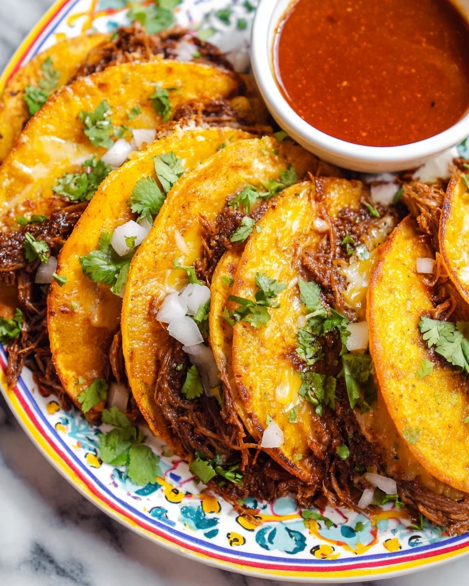 Three folded tacos sit side by side on a white plate with colorful patterns. Each taco is made of two orange, slightly crispy corn tortillas with visible char marks and is filled with shredded, dark brown beef meat. Green cilantro leaves and small white onion pieces are sprinkled on top of the tacos and around the plate. A small white bowl filled with dark red-brown dipping sauce garnished with chopped white onions and green cilantro is placed on the right side of the plate. The plate is set on a white marbled surface. photo taken with an iphone --ar 4:5 --v 7