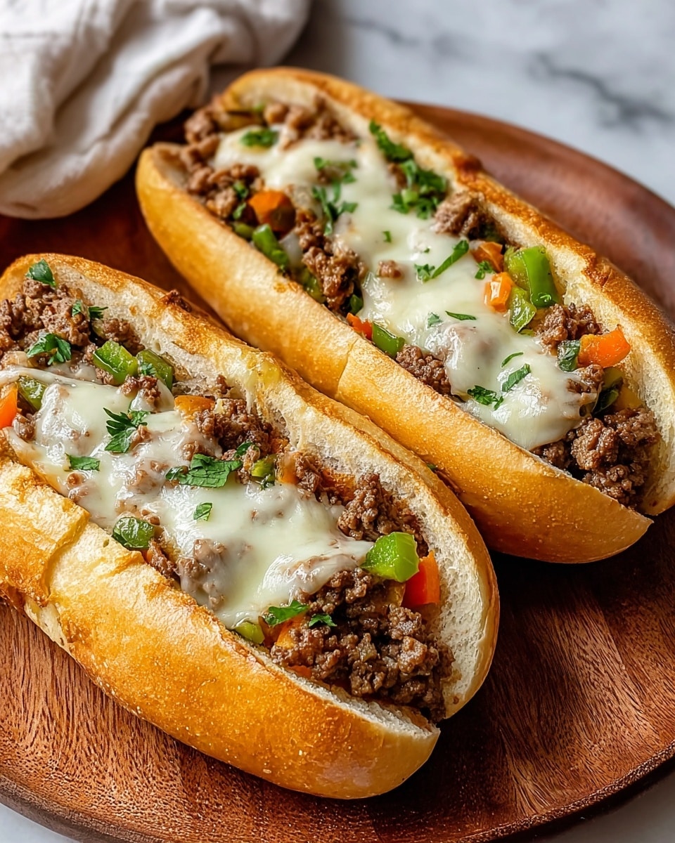 Two sandwiches on a wooden round board, each sandwich made with a soft, golden brown bun sliced open horizontally. Inside each bun, there is a thick layer of cooked ground beef that looks juicy and crumbly, mixed with pieces of green and orange bell peppers. On top of the beef and peppers, there is a melted layer of white cheese that stretches slightly over the sides, with some chopped green herbs sprinkled on it. The texture of the buns is slightly crusty on the outside and soft on the inside. The background is a white marbled texture. photo taken with an iphone --ar 4:5 --v 7