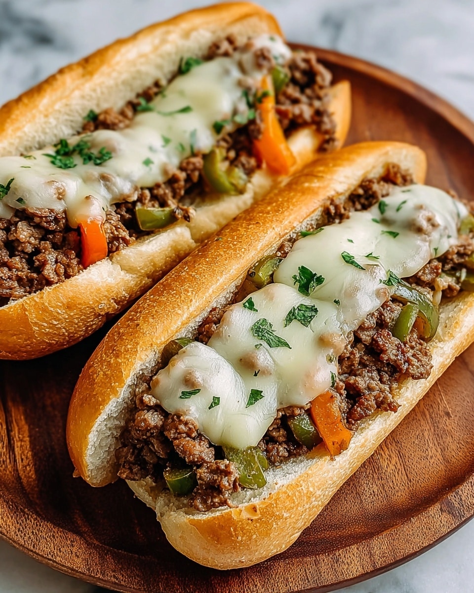 Two sandwiches with golden brown hoagie rolls split open, each layered with cooked ground beef mixed with small pieces of green and orange bell peppers and sprinkled with fresh green parsley. On top of the meat and peppers, melted white cheese evenly covers the filling, creating a creamy texture that slightly melts over the edges. The sandwiches are placed close together on a round wooden board with a soft white cloth visible in the top left corner, all resting on a white marbled surface. photo taken with an iphone --ar 4:5 --v 7