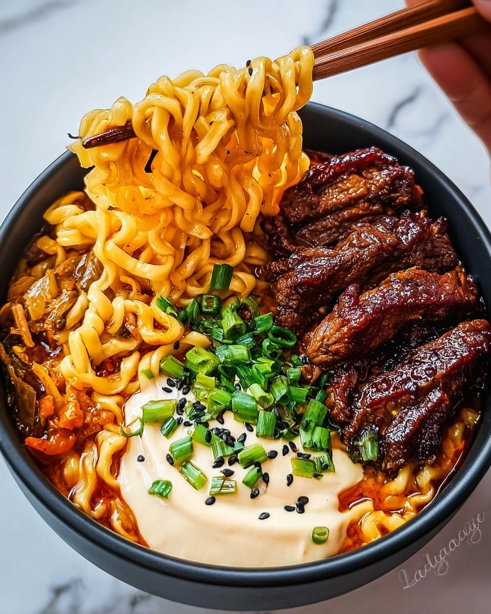 Spicy Korean Ramen with Grilled Beef & Creamy Sauce Recipe