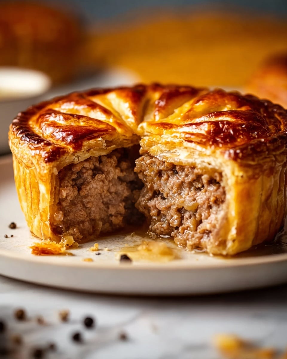 A round meat pie with two layers, the top layer is a shiny, golden-brown crust with a slightly flaky texture and some curved indentations, covering a thick filling of cooked ground meat that is brown with a moist texture. The pie sits on a white plate, crumbs and small bits of cracked black pepper scattered loosely around it. The background is softly blurred with warm colors, and the surface beneath the plate has a white marbled texture. Photo taken with an iphone --ar 4:5 --v 7