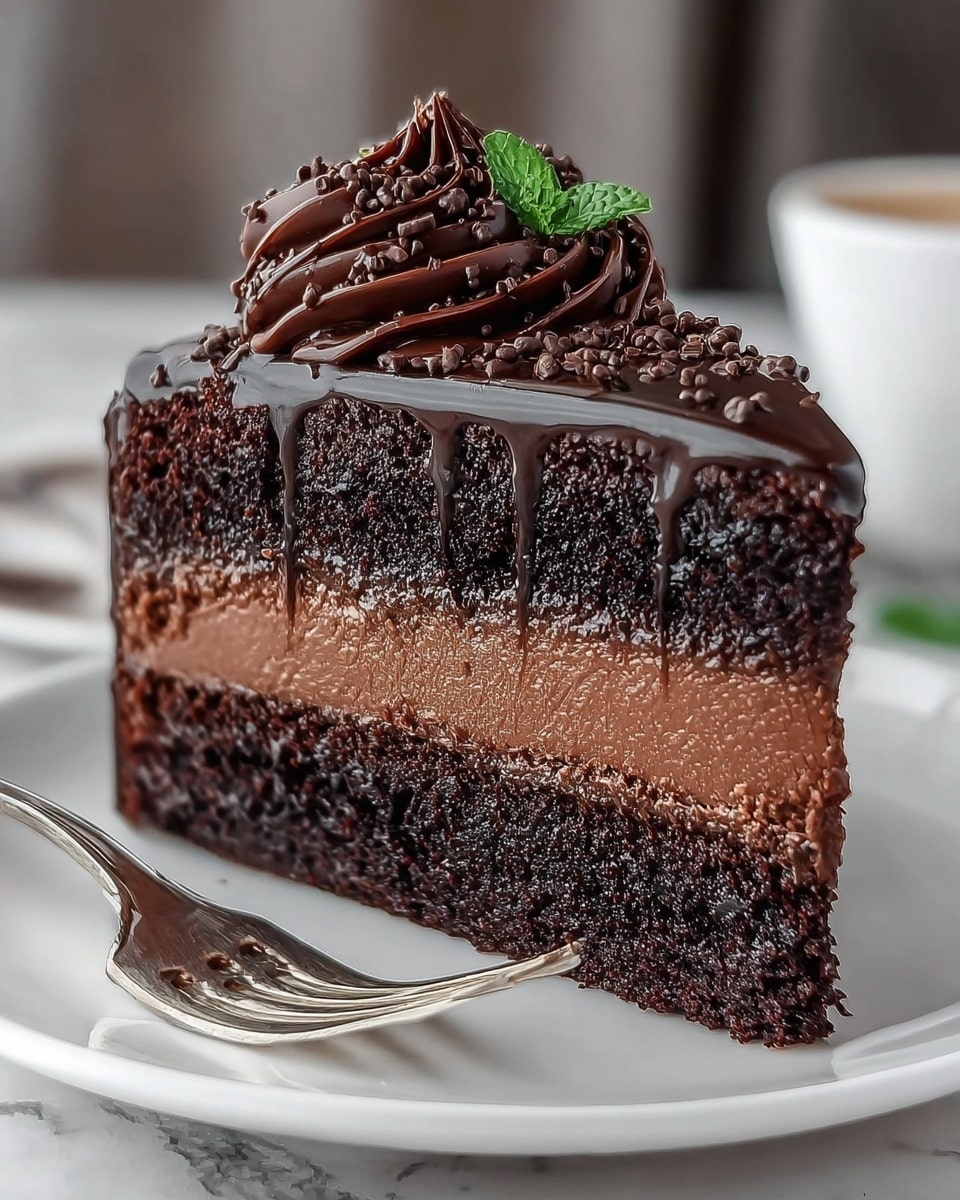 A slice of chocolate cake with three visible layers is shown on a white plate resting on a white marbled surface. The bottom and middle layers are dense, dark brown chocolate cake, separated by a smooth medium brown chocolate filling. The top layer is a glossy dark chocolate ganache covering the cake. On top, there are six swirls of thick dark chocolate frosting, with three bright red raspberries dusted lightly with white powdered sugar placed in the center. A silver fork with a bit of powdered sugar on it lies on the plate to the right of the cake slice. Photo taken with an iphone --ar 4:5 --v 7