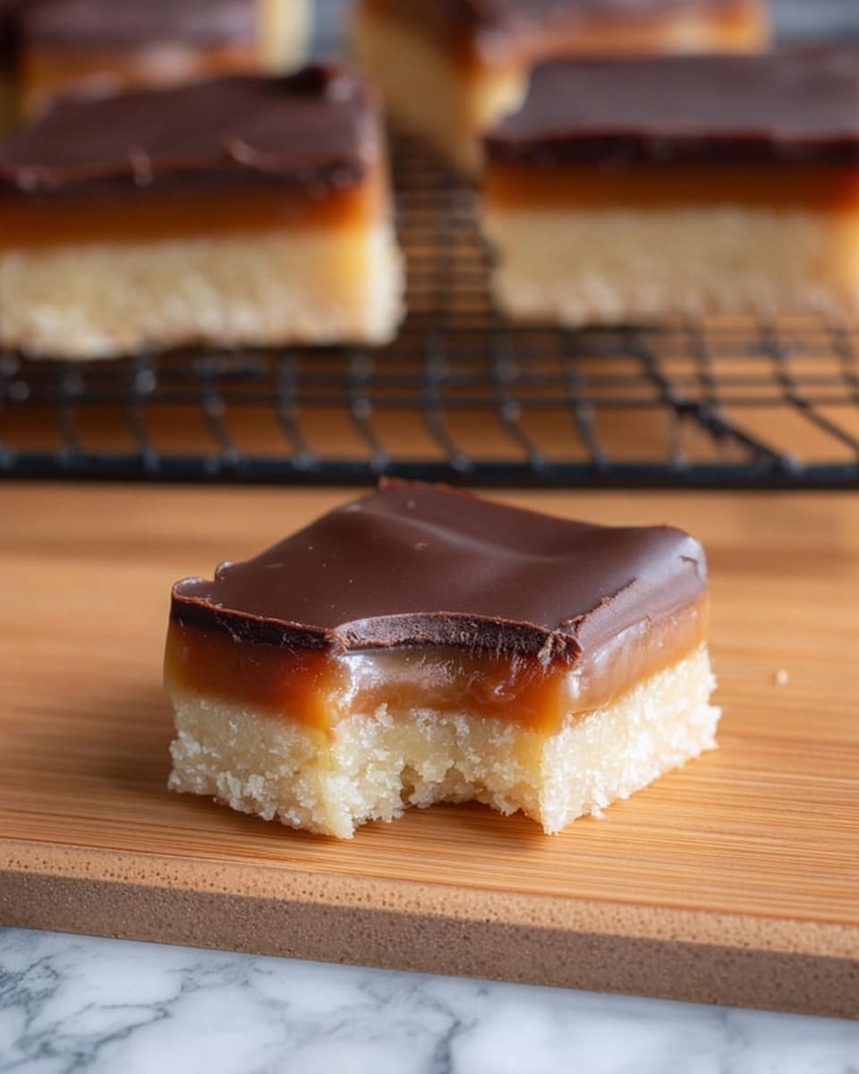 The image shows a close-up of a square dessert piece with three distinct layers, placed on a light wooden surface with a white marbled texture visible in the background. The bottom layer is thick, pale, and crumbly, resembling shortbread or a cookie base. The middle layer is thinner and smooth, with a warm caramel color and a glossy texture. The top layer is a shiny, dark chocolate coating, smooth with soft edges, one corner of the piece has a bite taken out, showing the layers inside. In the blurred background, two more similar dessert pieces are set on a black cooling rack. Photo taken with an iphone --ar 4:5 --v 7