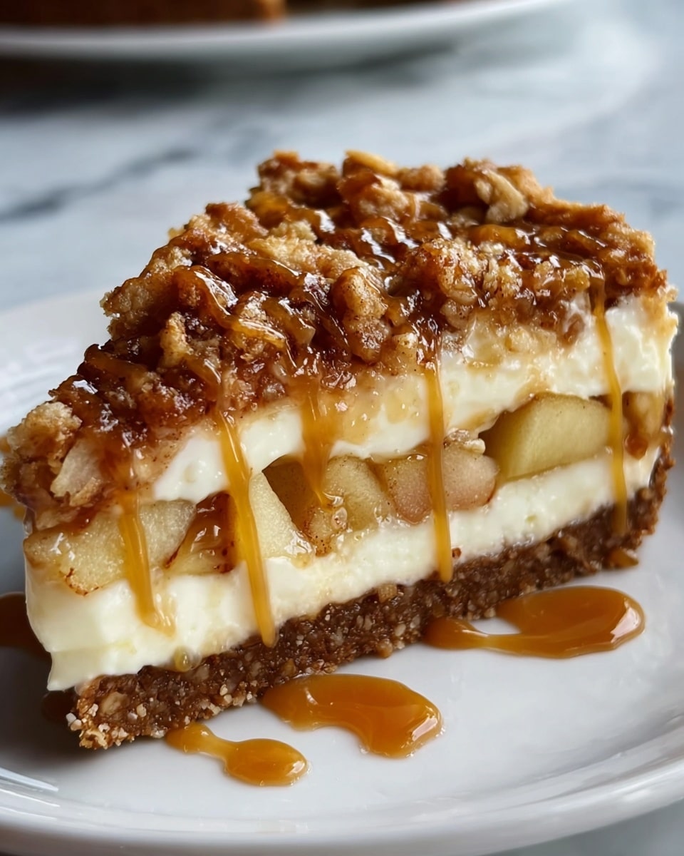 A slice of pie with four visible layers sits on a white plate; the bottom layer is a dense, crumbly brown crust. Above this is a thick, pale cream layer, followed by chunks of soft, cooked apple pieces mixed with another thin cream layer. The top layer is a golden brown crumble with a rough texture, drizzled with shiny caramel sauce that runs down the sides. The plate rests on a white marbled surface. photo taken with an iphone --ar 4:5 --v 7