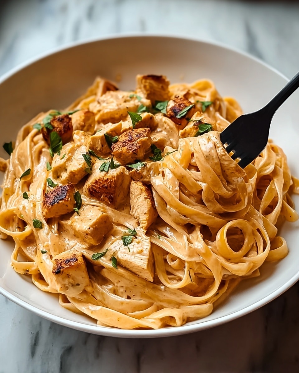 A white bowl filled with creamy soup-colored pasta as the first layer with smooth and slightly glossy texture, topped with several pieces of browned grilled chicken that have a light char and golden color, arranged evenly over the pasta. Fresh green parsley leaves are scattered on top of the chicken, adding a bright green contrast. The bowl sits on a white marbled textured surface. Photo taken with an iphone --ar 4:5 --v 7