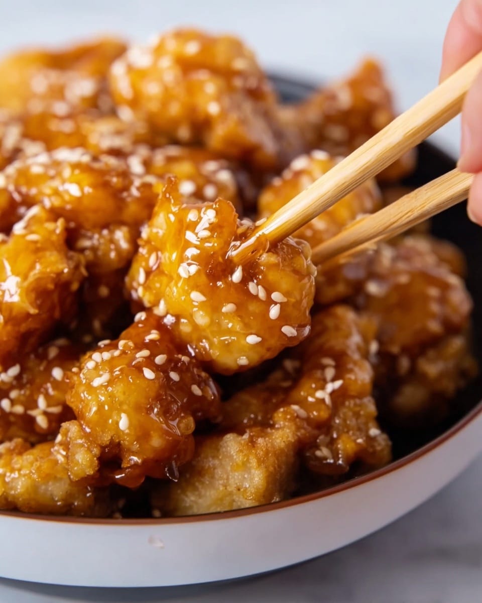 A close-up of crispy golden-brown pieces of fried chicken covered in a shiny orange glaze with white sesame seeds sprinkled on top. The chicken pieces have a textured, crunchy surface with sauce dripping slightly. A pair of light wooden chopsticks held by a woman's hand is picking up one piece from a white bowl. The background shows a white marbled texture. photo taken with an iphone --ar 4:5 --v 7