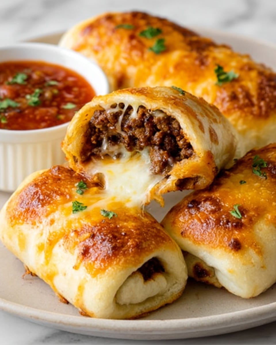 The image shows four baked ground beef-filled bread rolls arranged closely on a white plate, each roll golden brown and shiny on top with melted cheese. One roll is open at the end, revealing a dark brown, crumbly ground beef filling inside. Small green herb pieces are sprinkled on top of the rolls as garnish. In the background, a small white bowl contains bright red salsa sauce, with some green herbs sprinkled on it. The surface underneath is a white marbled texture. Photo taken with an iphone --ar 4:5 --v 7