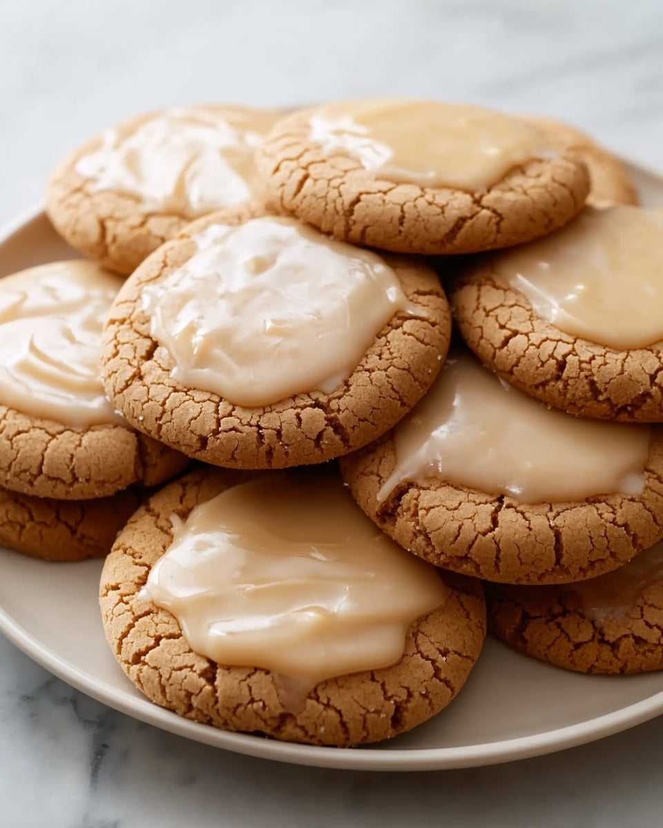 A close-up view of a pile of round cookies on a white plate, each cookie has a cracked, golden-brown base with a smooth, light beige icing spread irregularly on top, covering the middle part and some edges. The cookies are stacked unevenly, creating depth and shadows between them, all placed on a white marbled surface. photo taken with an iphone --ar 4:5 --v 7