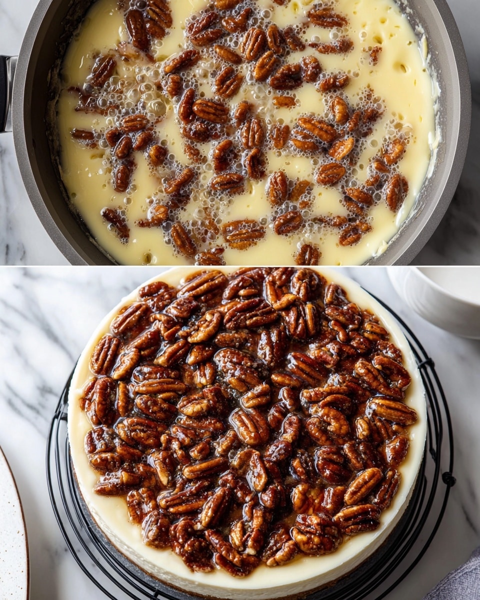 The top part of the image shows a close-up of a pan with a creamy yellow custard layer mixed with whole and halved pecans that have a glossy, slightly oily texture. The custard is bubbling gently around the pecans. In the bottom part, there is a round cheesecake with a white cream cheese layer underneath topped thickly with caramelized pecans, glossy and dark brown, covering the surface completely. The cake is placed on a black wire rack over a white marbled surface, and a white bowl is partly visible next to it. photo taken with an iphone --ar 4:5 --v 7