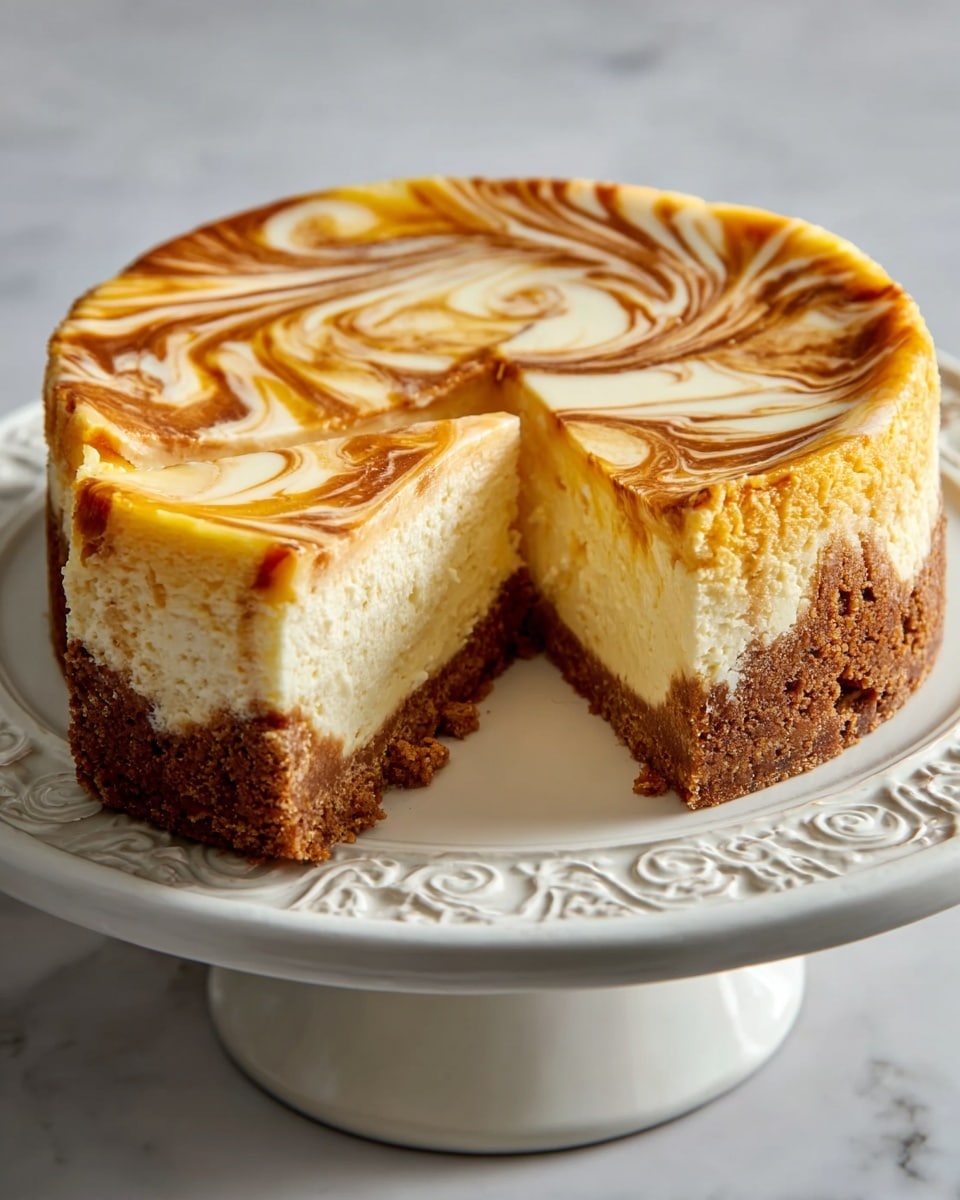 A round cheesecake with one slice cut out shows three layers: a thick, crumbly brown crust at the bottom, a dense pale yellow creamy middle layer, and a smooth marbled top with swirling white and caramel brown patterns. The cake sits on a white plate with an ornate border, placed on a white marbled surface. The lighting highlights the soft texture and rich colors of the cake. photo taken with an iphone --ar 4:5 --v 7