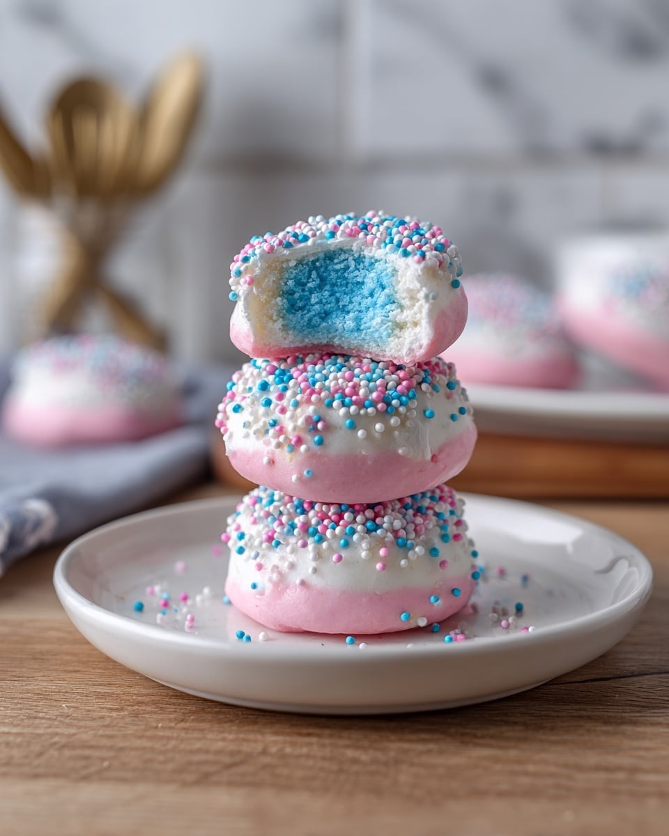 The image shows three small round sweets stacked on a white plate with a smooth surface, all resting on a wooden table. Each sweet has three visible layers: a bright blue core in the center, surrounded by a thick white middle layer that looks soft and sticky, and then a pink outer layer covered with tiny round sprinkles in white, blue, and pink colors. The top sweet is broken open, clearly displaying the bright blue inside, while the two below also show a bite revealing the blue and white layers. The background features kitchen utensils softly blurred, and the entire scene is set against a white marbled texture surface. photo taken with an iphone --ar 4:5 --v 7