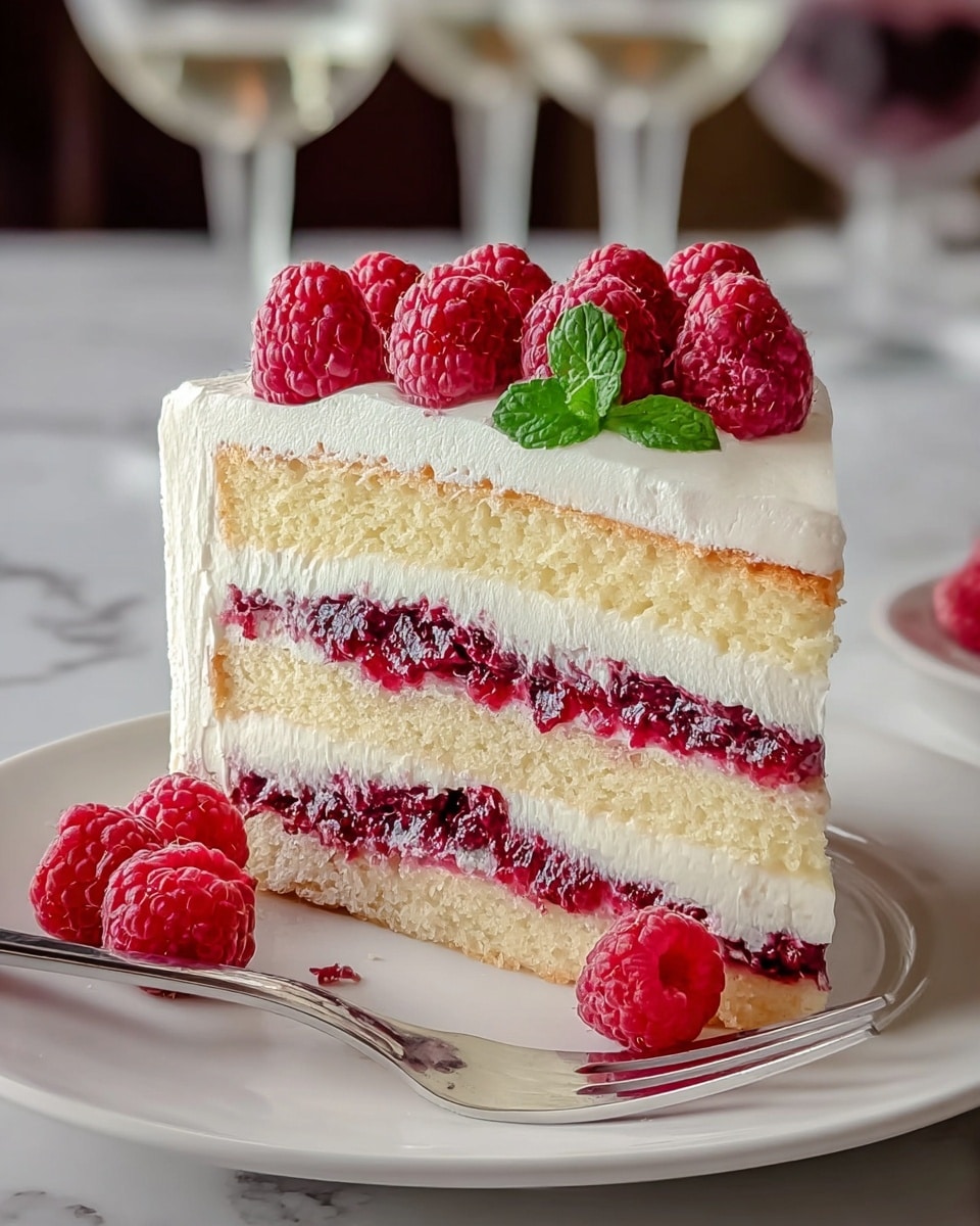 A slice of layered cake sits on a white plate over a white marbled surface. The cake has five main layers: three layers of pale yellow sponge cake and two layers of cream with dark red berry filling. The top is covered with smooth white cream and decorated with fresh bright red raspberries and a small green mint leaf. A few raspberries lie on the plate next to the cake, and a silver fork is placed near the slice. The background is softly blurred, showing hints of two wine glasses. Photo taken with an iphone --ar 4:5 --v 7