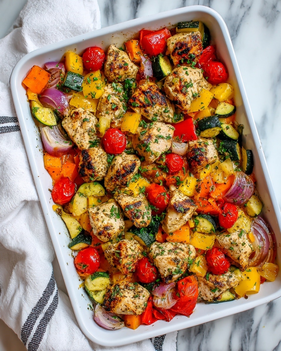 The image shows several pieces of grilled chicken with a shiny, slightly charred golden brown surface, topped with small green herb bits. Around the chicken are layers of colorful roasted vegetables, including bright red cherry tomatoes, deep purple onion slices, green zucchini pieces, and yellow bell pepper strips, all with a slight char and glistening texture. The food is placed closely together on a white tray, and the background is a white marbled texture. photo taken with an iphone --ar 4:5 --v 7