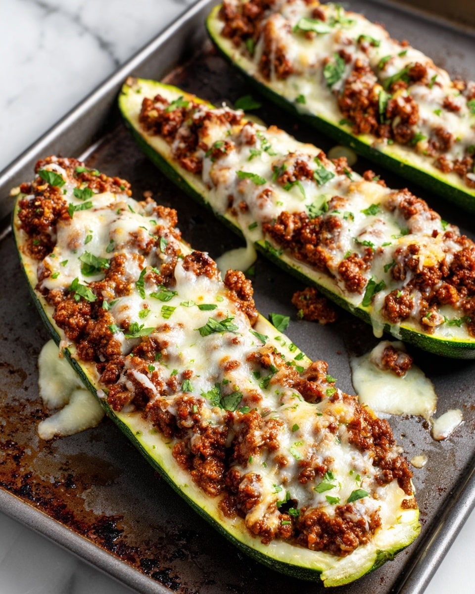 Three long green zucchini halves are hollowed out and filled with a layer of cooked ground meat mixed with sauce, topped with melted white cheese that is slightly browned and gooey. Small bits of fresh green herbs are sprinkled on top, adding a touch of color. The zucchinis sit close together on a dark baking tray with some oil spots and cooked bits around them. The background has a white marbled texture. photo taken with an iphone --ar 4:5 --v 7