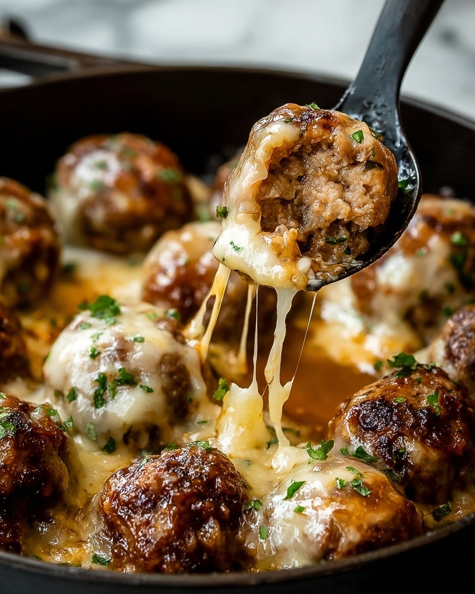 The image shows a close-up of several browned meatballs covered with melted, stretchy white cheese, topped with small green herb pieces. One meatball is being lifted by a woman's hand, with long strings of gooey cheese stretching upward. The meatballs sit in a dark pan on a base layer of melted cheese that is lightly browned on the edges and mixed with bits of cooked onion. The background around the pan is a white marbled texture. photo taken with an iphone --ar 4:5 --v 7