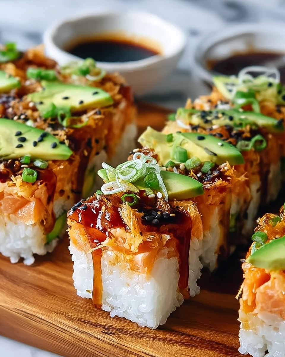 The image shows several pieces of layered sushi squares arranged closely on a wooden board. Each sushi piece has three visible layers: the bottom layer is sticky white rice, the middle layer is light orange cooked fish or seafood, and the top layer is a glossy dark brown sauce drizzled over shredded orange fish flakes. Thin slices of green avocado lie on top of the sauce, along with scattered black and white sesame seeds and finely chopped green onions. A white round bowl with dark soy sauce is placed blurred in the background on a white marbled surface. The focus is sharp on the closest sushi pieces, making the colors and textures bright and detailed, photo taken with an iphone --ar 4:5 --v 7