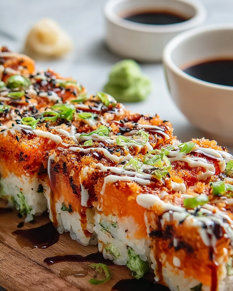 The image shows a row of sushi squares, each with three clear layers: a bottom layer of white rice with bits of green, a middle layer of cooked orange fish, and a top layer covered with a sprinkle of breadcrumbs, black sesame seeds, and finely chopped green onions. A drizzle of creamy white sauce and dark glossy sauce runs across the top, adding texture and shine. In the background, there are small dollops of green wasabi and a white bowl filled with dark soy sauce, all placed on a white marbled surface. photo taken with an iphone --ar 4:5 --v 7