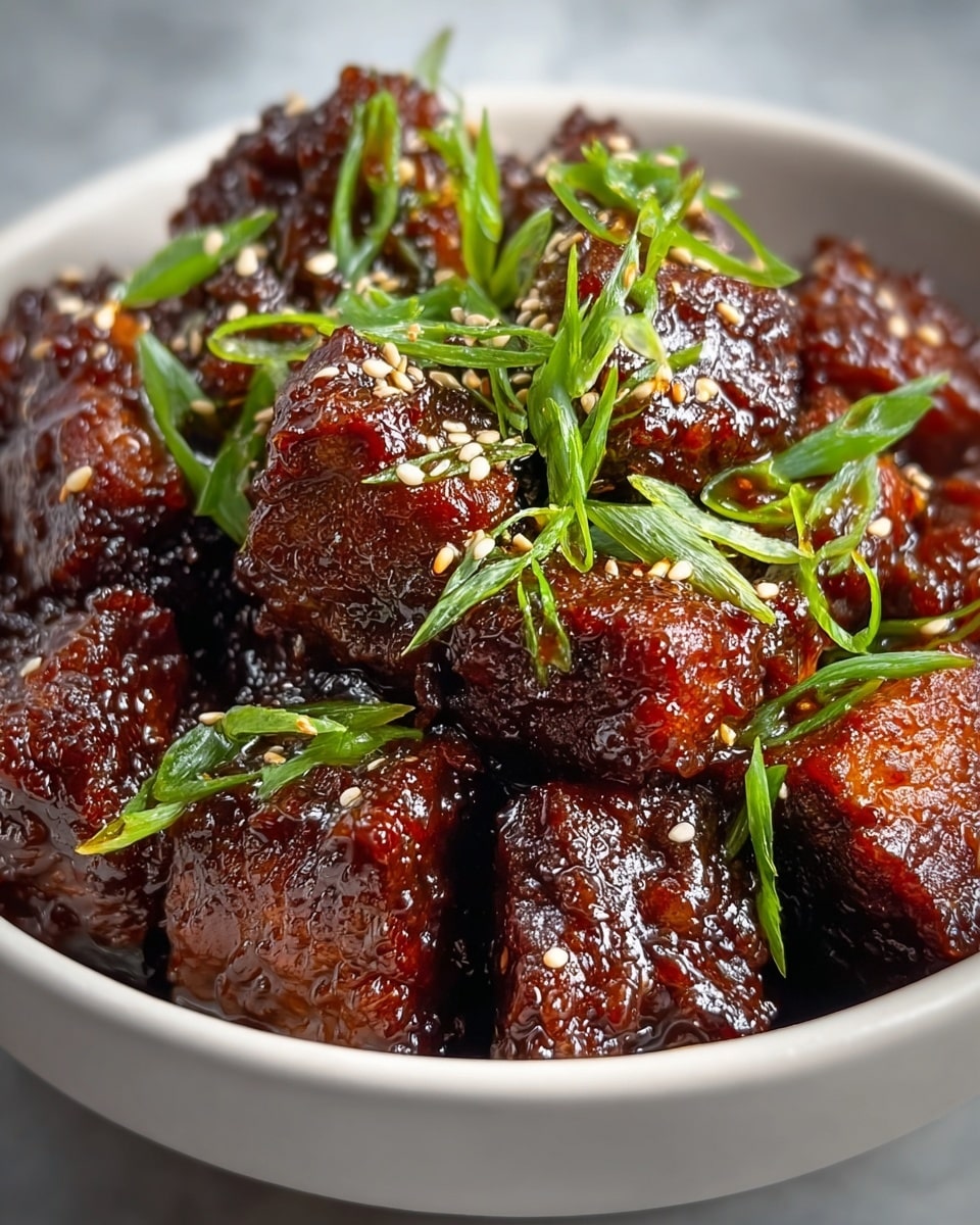 The image shows a white bowl filled with dark brown, sticky glazed meat cubes that look crispy on the outside. The meat is garnished with thin, bright green sliced green onions and small white sesame seeds scattered on top. The sauce on the meat shines, making the texture look rich and moist. The bowl sits on a white marbled surface, creating a clean and simple background. photo taken with an iphone --ar 4:5 --v 7