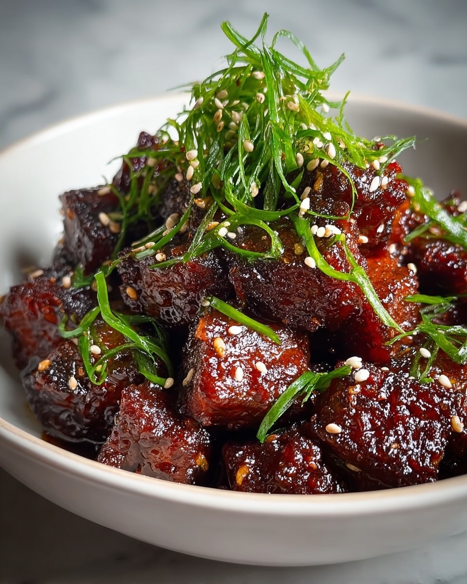The dish shows many dark brown, glazed cubes of meat stacked in a white bowl, with a shiny, sticky texture that reflects light. On top and around the meat, there are bright green, thin slices of fresh scallions and small white sesame seeds scattered evenly, adding a touch of color and texture contrast. The bowl sits on a white marbled surface, creating a clean and simple background that highlights the rich colors of the food. photo taken with an iphone --ar 4:5 --v 7