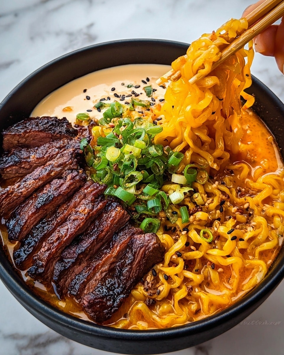 A black bowl filled with three main layers: the bottom layer is a bed of yellow curly noodles soaked in a bright orange spicy broth, the middle layer has grilled dark brown pieces of meat with a charred texture on one side and sliced strips showing a pinkish inside, and the top layer is a creamy light beige sauce sprinkled with small black sesame seeds and chopped green onions on one side. A pair of light wood chopsticks held by a woman's hand is lifting a tangle of noodles from the right side of the bowl. The bowl sits on a white marbled surface. photo taken with an iphone --ar 4:5 --v 7