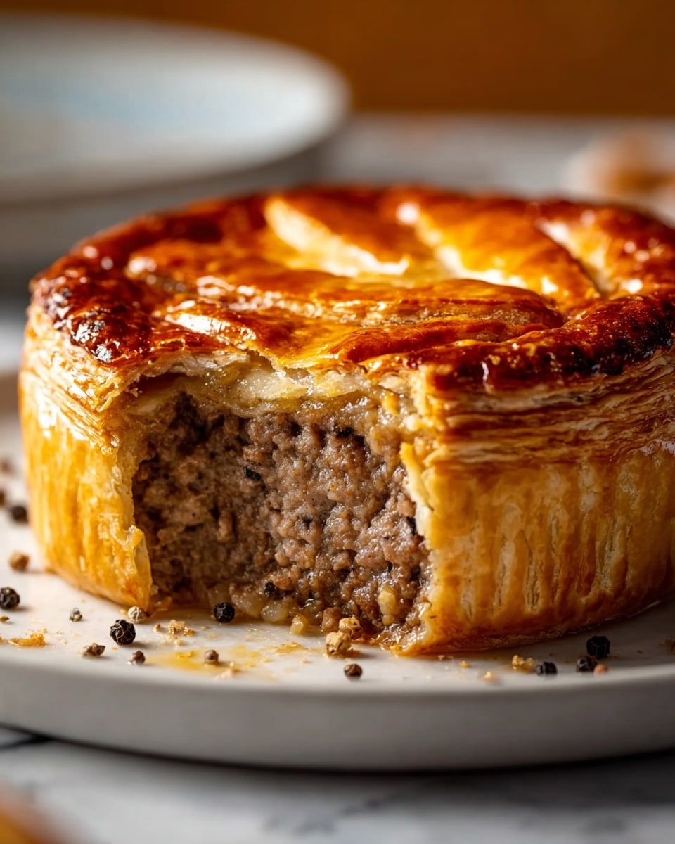 A small round meat pie with a thick golden-brown flaky crust topped with crushed black pepper, cut in half to show its inside. The inside reveals a dense layer of cooked minced meat mixed with small bits of onions, all tightly packed. The edges of the crust are slightly darker and crimped, forming a sturdy base and rim around the filling. The pie sits on a red and green plaid cloth, which lies over a dark surface. A second, whole pie is blurred in the background. photo taken with an iphone --ar 4:5 --v 7