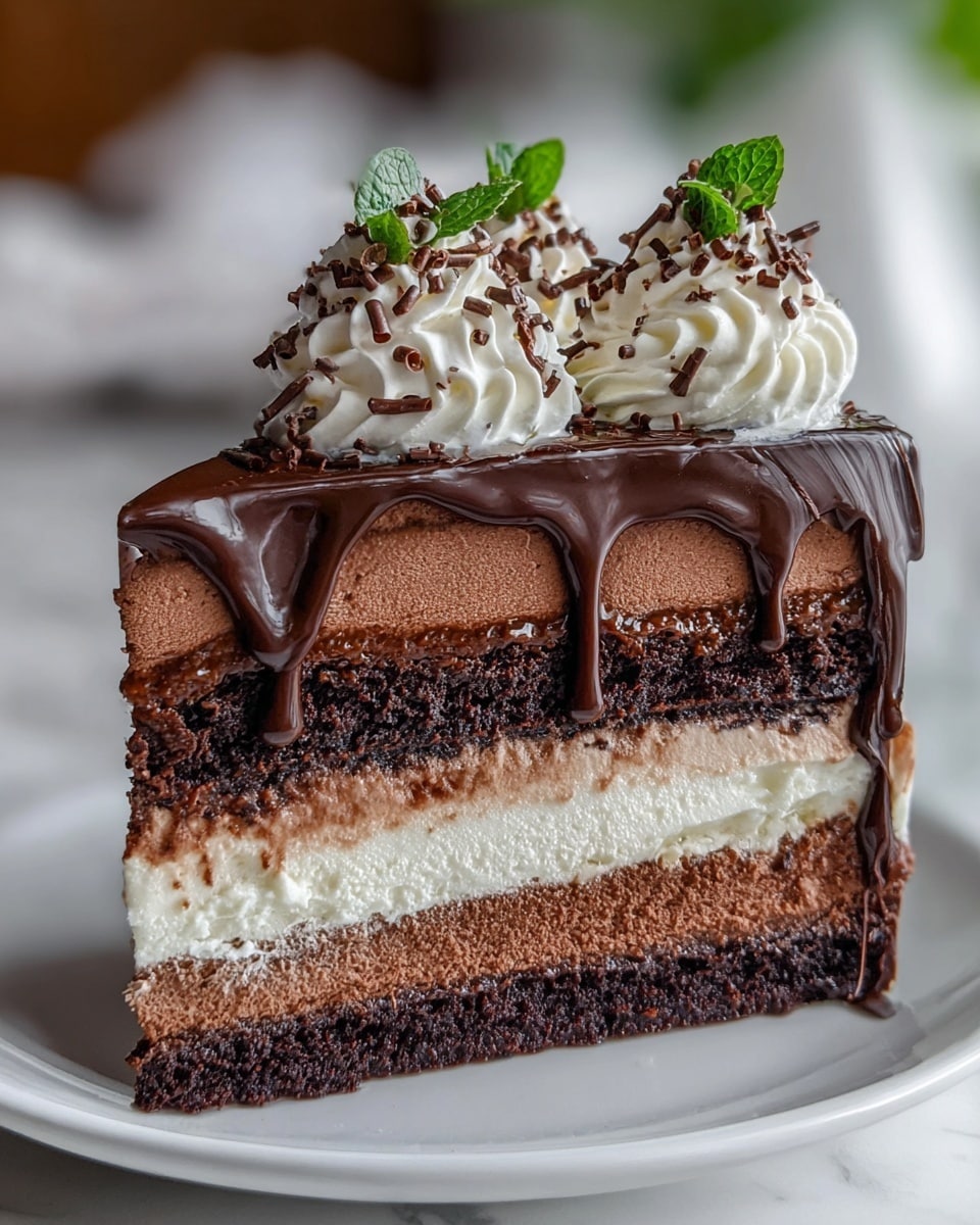 A slice of rich layered chocolate cake sits on a white plate against a white marbled background. The cake has five visible layers: the bottom and third layers are dark, moist chocolate cake, the second layer is a thick, creamy milk chocolate mousse, the fourth layer is a smooth white cream, and the top layer is dark chocolate cake covered with glossy, dark chocolate ganache that drips slowly down the sides. On top, there are three tall swirls of white whipped cream, sprinkled with small chocolate shavings, each topped with a small green mint leaf. The lighting highlights the shiny texture of the ganache and the soft, fluffy layers below. photo taken with an iphone --ar 4:5 --v 7