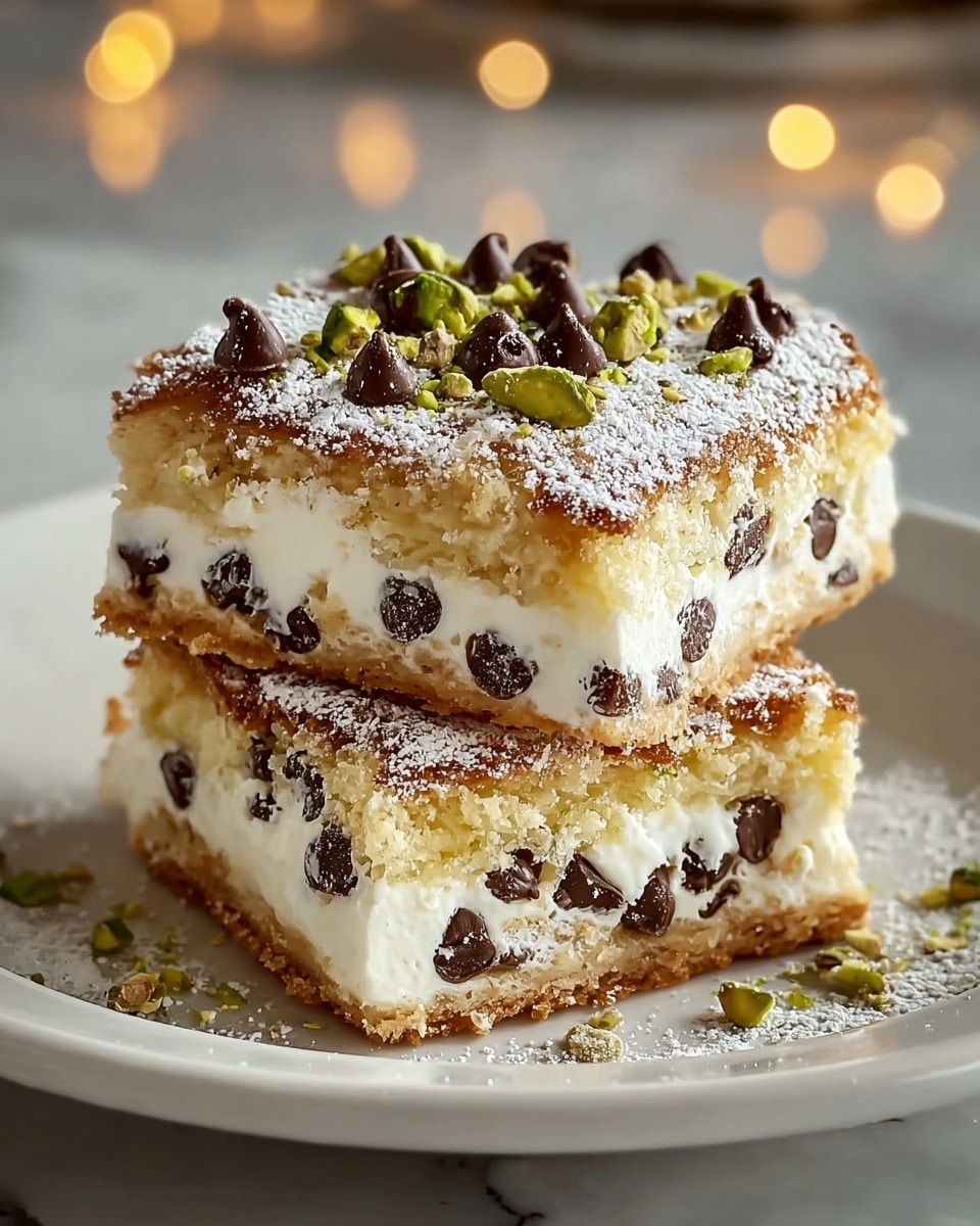 A close-up view of a two-layer dessert square placed on a white plate over a white marbled surface. The bottom and top layers are golden-brown crispy pastry with a crunchy texture, dusted lightly with powdered sugar. Sandwiched between these layers is a thick, white creamy filling studded generously with dark chocolate chips, giving it a dotted pattern. The top of the pastry is decorated with more chocolate chips and small green pistachio pieces scattered unevenly, adding texture and color contrast. The scene is softly lit with blurred warm lights in the background, enhancing the dessert’s rich and inviting look. Photo taken with an iphone --ar 4:5 --v 7