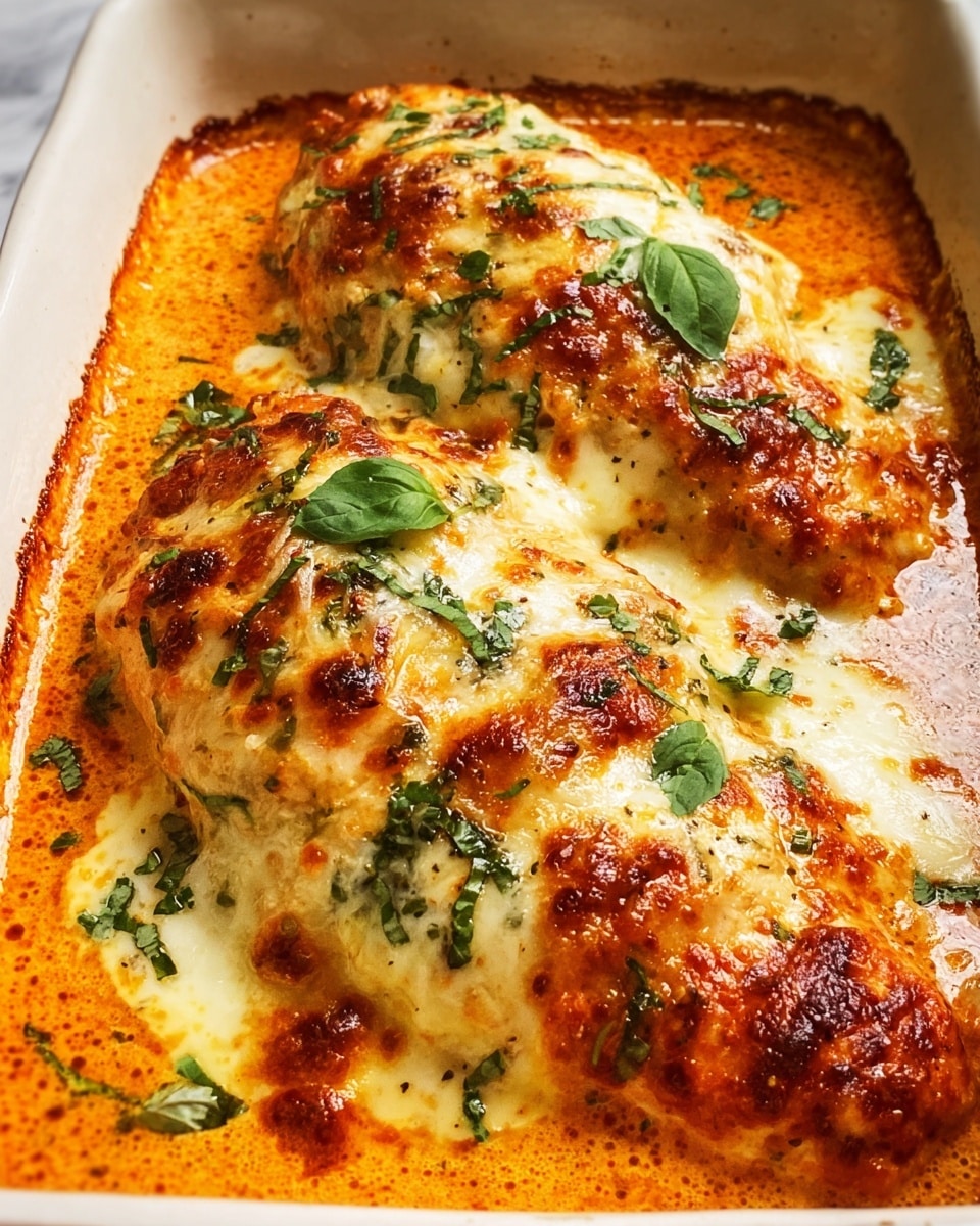 Three pieces of baked chicken breasts sit in a white rectangular dish on top of a white marbled surface. Each chicken breast is covered by a thick layer of melted, golden-brown cheese with bubbly texture, mixed with roasted red cherry tomato pieces. The creamy sauce underneath the chicken shows a pale orange color with a slightly oily surface. Fresh green basil leaves and finely chopped herbs are sprinkled on top, adding a bright green contrast to the warm colors. Photo taken with an iphone --ar 4:5 --v 7
