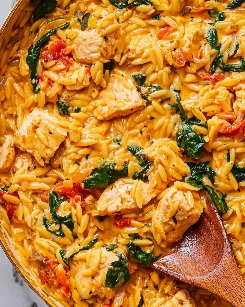 A close-up view of a creamy pasta dish with small, tube-shaped orzo pasta in a warm yellow-orange sauce mixed evenly throughout. The dish has several chunks of cooked white chicken scattered across, along with softened green spinach leaves and small pieces of red tomato. Diced onions are mixed in, all covered by the sauce that looks smooth and slightly thick. A wooden spoon is partially submerged on the right side stirring the ingredients. The entire dish sits on a white marbled surface. Photo taken with an iphone --ar 4:5 --v 7