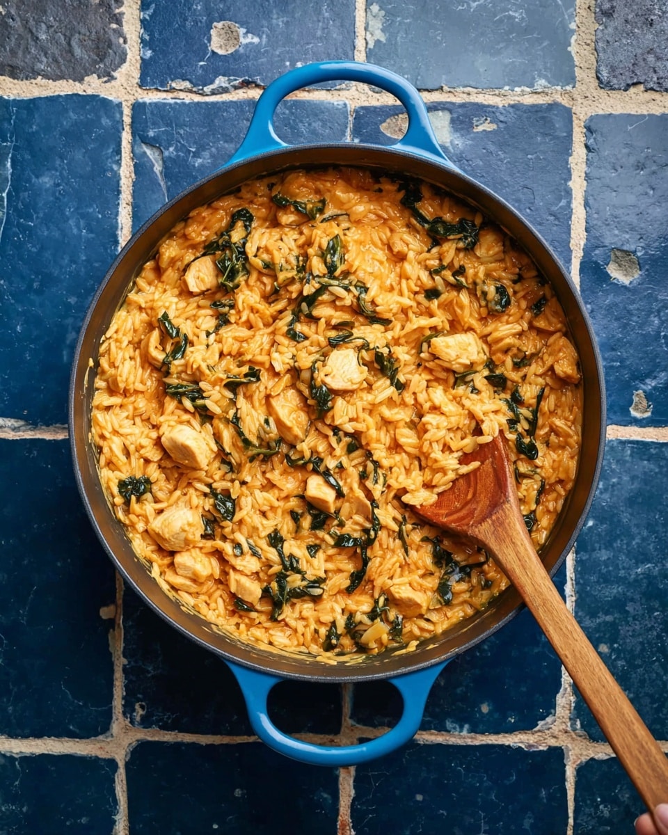 A large blue pan with two handles holds a creamy orange dish made of rice or orzo mixed with chunks of golden chicken and dark green leafy vegetables scattered throughout. A wooden spoon is stirring the mixture from the right side, showing the thick, slightly saucy texture of the food. The pan is placed on a surface of blue square tiles with a slightly worn look. photo taken with an iphone --ar 4:5 --v 7