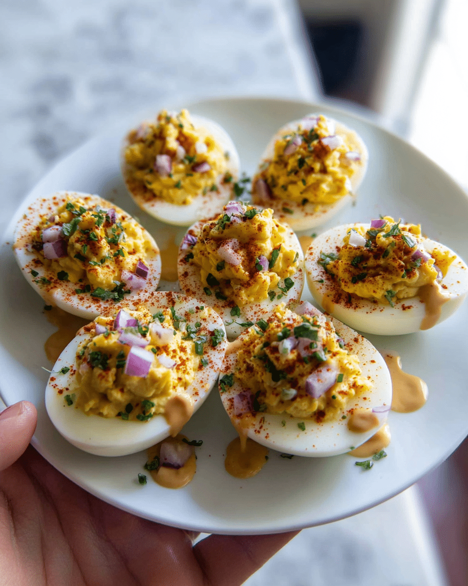 A white plate holds seven deviled egg halves arranged in a circular pattern, each egg sliced in half with smooth, white outer layers. The filling is a bright yellow, slightly chunky mixture piled on top of each egg half. Small pieces of purple onion are sprinkled over the filling, along with a light dusting of red paprika and finely chopped green herbs. A creamy, light brown sauce drips gently down the sides of the egg filling. The plate is held by a woman's hand, and the background features a soft focus with a white marbled texture. photo taken with an iphone --ar 4:5 --v 7