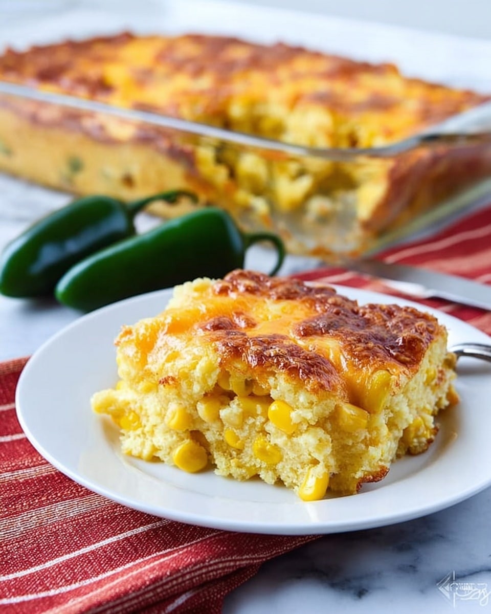 A golden baked corn casserole is shown, with a thick, slightly crumbly texture and visible corn kernels. The casserole is cut into a piece placed on a clean white plate, showing layers of soft yellow corn mixture and melted cheese on top, which is browned and crisp. In the background, part of a clear glass baking dish with more casserole inside sits on a white marbled surface with a red-striped cloth underneath, and there are two dark green jalapeño peppers placed nearby. photo taken with an iphone --ar 4:5 --v 7