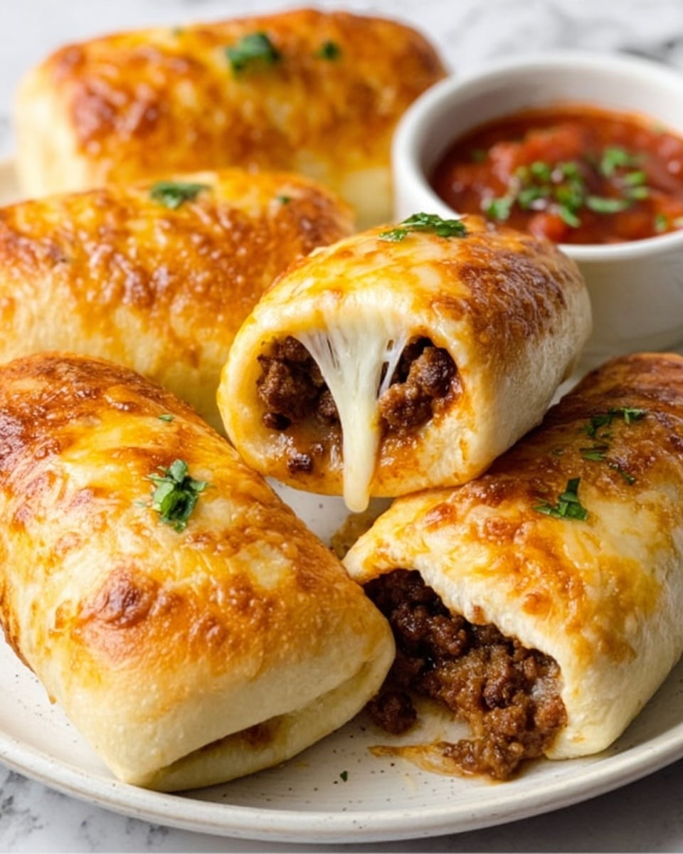 The image shows a close-up of six rolled, golden-brown cheesy meat sticks placed closely on a wooden board, with one of the sticks being pulled apart by a woman's hand, stretching melted, gooey yellow cheese between them. The rolls have a crispy texture outside with visible small browned spots and a filling that looks like seasoned ground meat inside. The cheese is bright yellow and stringy, filling the inside of the rolls and stretching outward, making the dish look very warm and fresh. The background is a soft white marbled texture. photo taken with an iphone --ar 4:5 --v 7