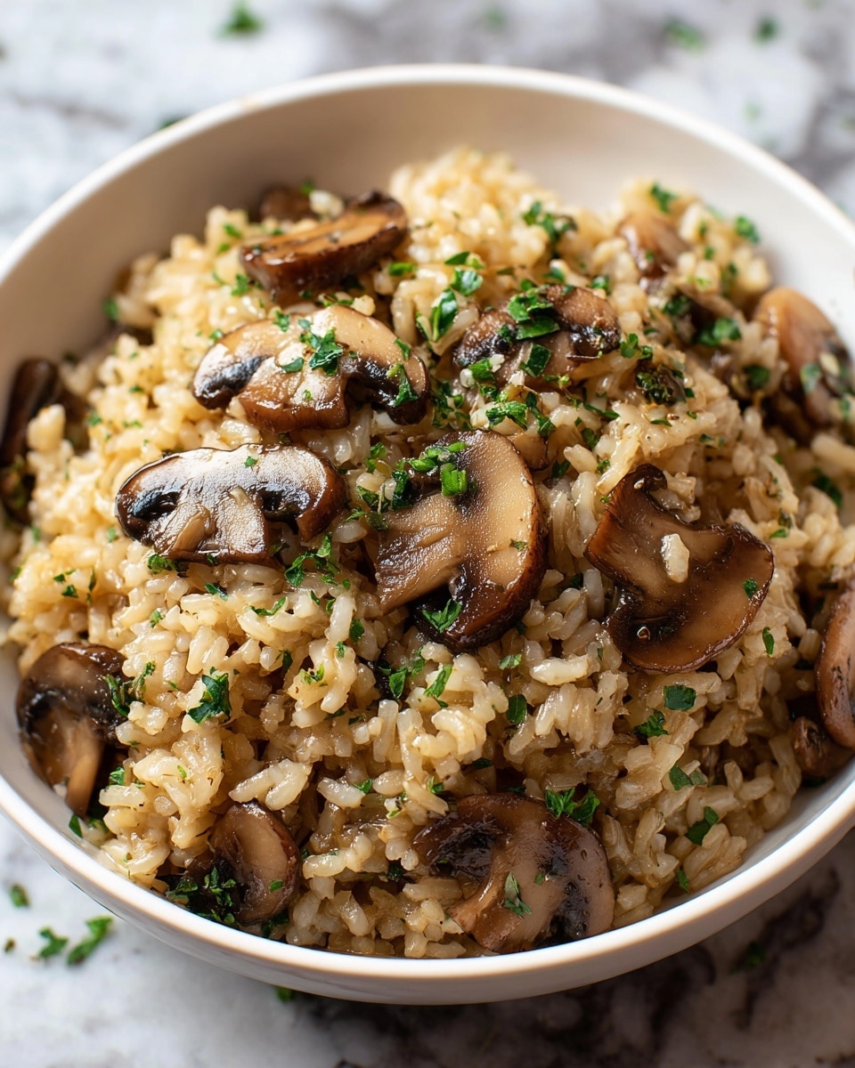 A white bowl filled with creamy light brown cooked rice mixed with soft, shiny sliced mushrooms scattered throughout. The rice has a moist texture and is mixed with small bits of green herbs sprinkled evenly on top and inside the dish. The dish looks warm and well-cooked, sitting on a white marbled texture surface with some small herbs scattered around the bowl. photo taken with an iphone --ar 4:5 --v 7