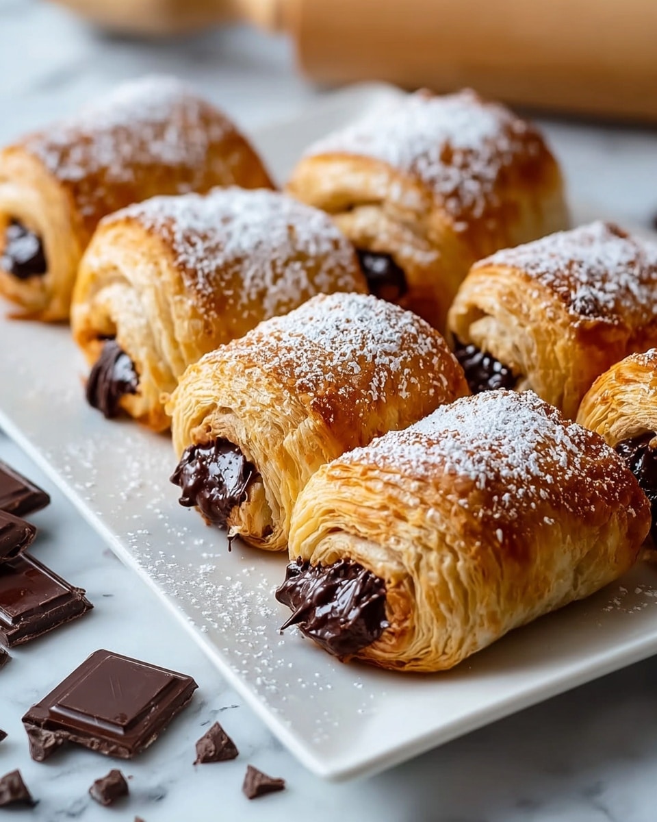 Six golden brown puff pastry rolls with shiny, flaky layers are arranged closely on a white rectangular plate. Each pastry is filled with glossy, dark melted chocolate that is slightly oozing out from one end. A light dusting of powdered sugar covers the tops of the pastries and the plate, creating a soft white contrast. Around the plate, there are scattered small chunks of dark chocolate on a white marbled surface. In the background, a rolling pin is slightly blurred. photo taken with an iphone --ar 4:5 --v 7