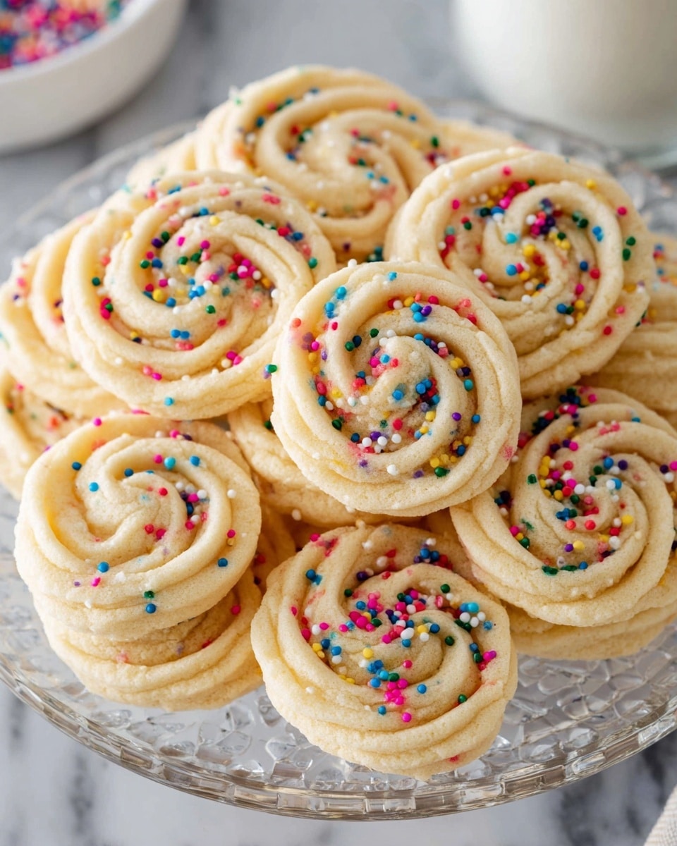 A stack of round cookies shaped like rosettes with a pale yellow color and soft, crumbly texture, some topped with small red, green, white, and black round sprinkles mainly in the center, all arranged on a clear glass plate with light patterns around the edge, placed on a white marbled surface. Pine cones and green pine branches surround the plate, adding a festive feel to the setting. photo taken with an iphone --ar 4:5 --v 7