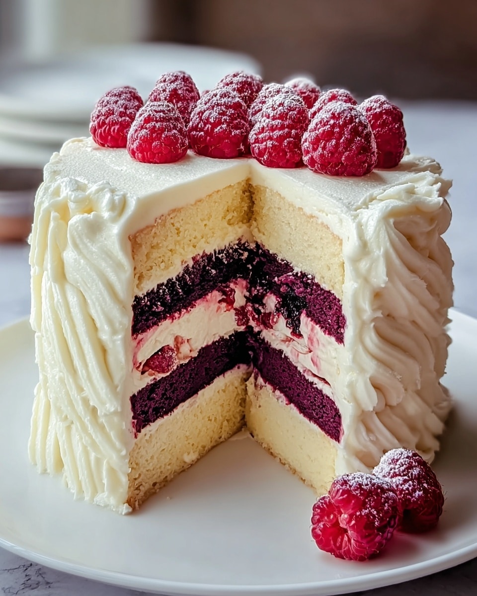 A white frosted layered cake is shown with a slice removed, revealing four layers inside. The bottom and third layers are dark purple sponge cake, while the second and top layers are light yellow sponge cake. Between the layers are white cream and a dark red berry filling with some whole berries visible. The outside is covered in smooth white frosting with swirling patterns on the side. The top is decorated with fresh red raspberries dusted lightly with powdered sugar. One raspberry sits on the white plate beside the cake. The cake rests on a white marbled textured surface in soft natural light. Photo taken with an iphone --ar 4:5 --v 7