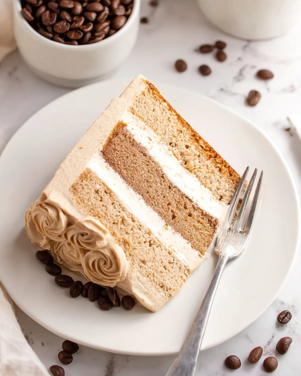 A slice of three-layer light brown cake is on a white plate. The cake has two thin, white cream layers between each light brown soft cake layer, and the whole slice is covered in light tan smooth frosting with a swirled design at the bottom left. Dark brown coffee beans are scattered on the plate and around it on a white marbled surface. There is a silver fork resting against the right side of the cake slice. In the background, a small white bowl filled with shiny dark brown coffee beans is partly visible. Photo taken with an iphone --ar 4:5 --v 7