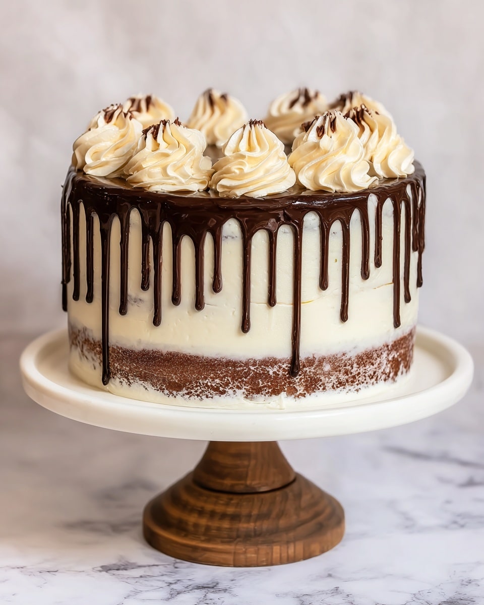 This is a three-layer round cake with light brown sponge layers visible through a thin white frosting that covers the sides unevenly, giving it a rustic look. Dark chocolate ganache drips down from the top edge in long, smooth streams, covering the upper sides partially. On top, there are alternating swirls of light cream and dark chocolate frosting, arranged evenly around the edge, each with a smooth, fluffy texture. The cake sits on a white cake stand with a wooden pedestal base, all placed on a white marbled surface. photo taken with an iphone --ar 4:5 --v 7