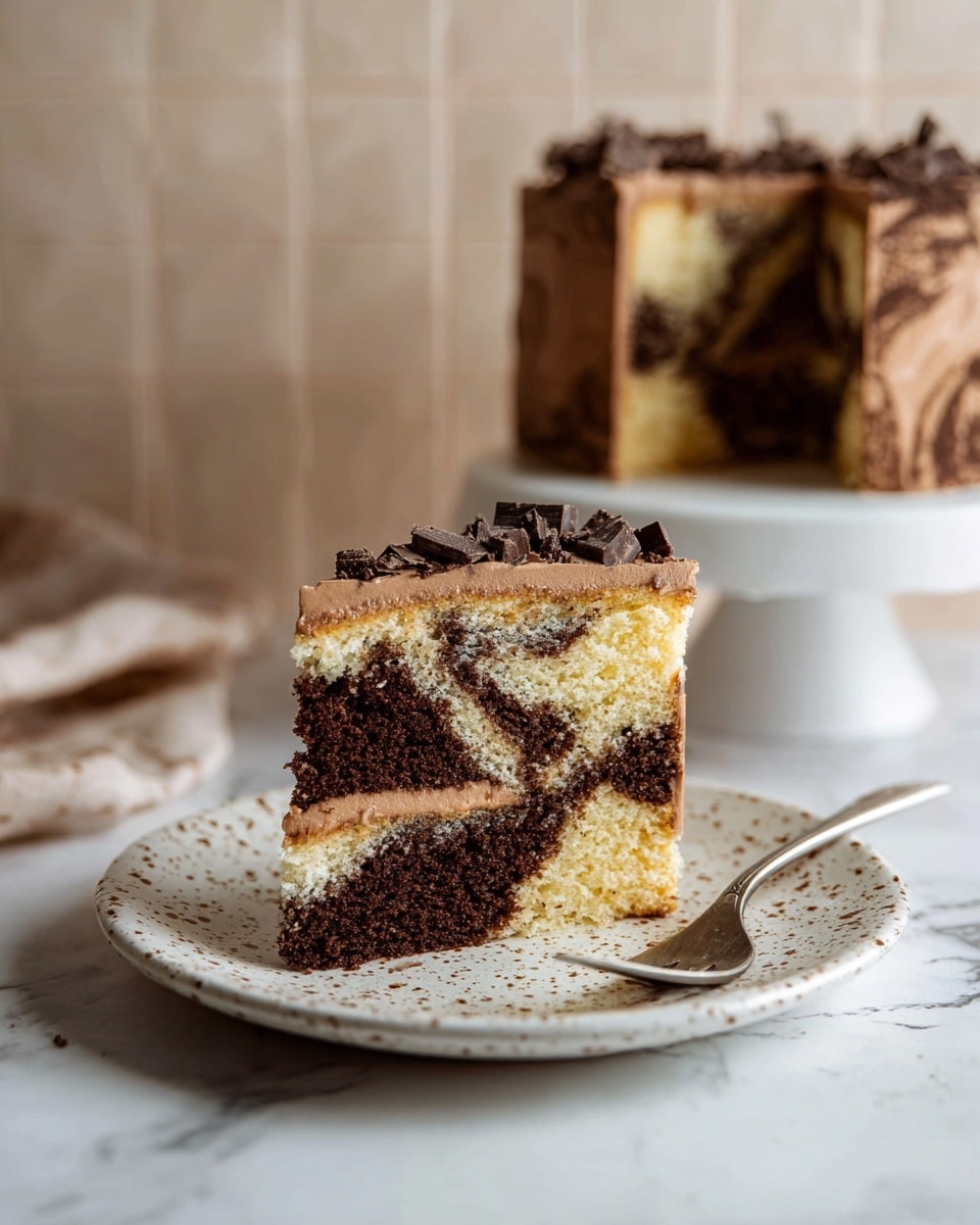 A slice of two-layer marble cake sits on a white plate with light brown speckles, placed on a white marbled surface. The cake has swirled layers of light yellow and dark brown, with a smooth, milk chocolate-colored frosting covering the sides and top. On top of the cake, there are small pieces of dark chocolate scattered. A small silver fork is placed next to the cake on the plate. In the blurred background, the rest of the cake is visible on a white cake stand against a soft beige tiled wall. photo taken with an iphone --ar 4:5 --v 7