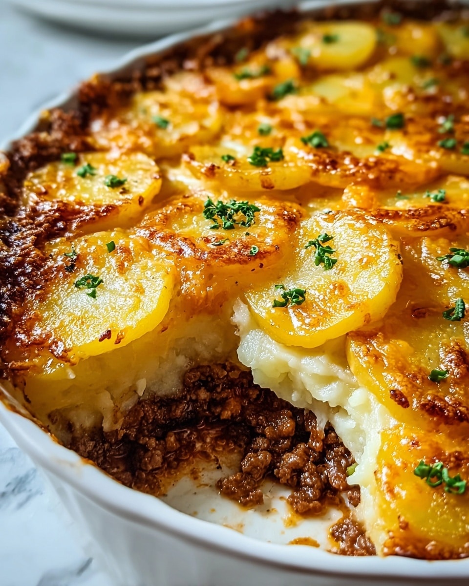 The dish is a layered casserole served in a white oval dish on a white marbled surface. The bottom layer is a dark brown, crumbly ground meat mixture, topped by a creamy off-white mashed potato layer with a smooth texture. Above this, there are thin, round slices of golden-yellow potatoes, browned and crisped at the edges, covered with a melted, bubbly, golden-orange cheese layer. The top is sprinkled with small, bright green chopped herbs, adding a fresh contrast to the rich colors below. The edges of the cheese are browned, giving a slightly crispy texture. photo taken with an iphone --ar 4:5 --v 7