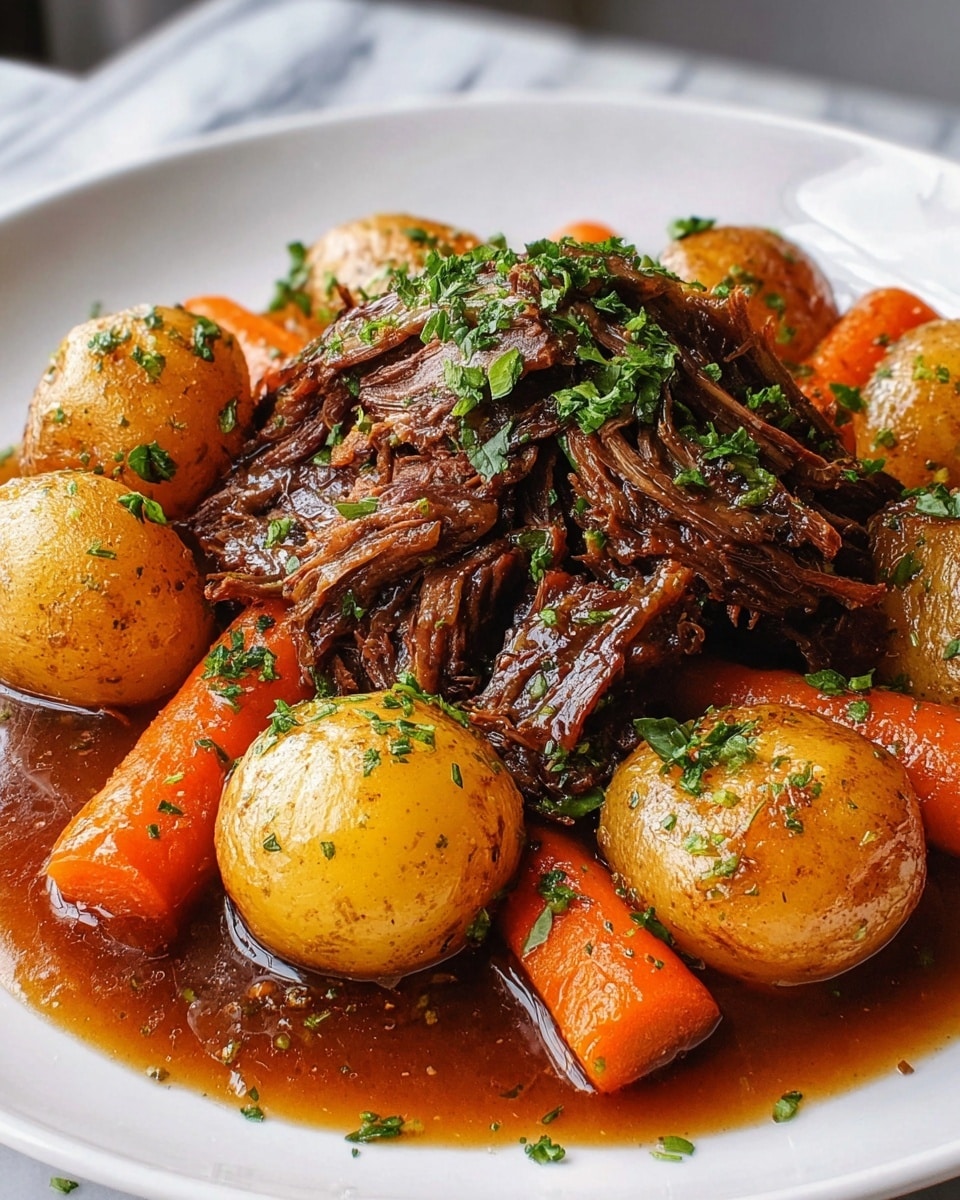 A white plate with a serving of tender, shredded dark brown beef at the center topped with bright green chopped herbs. Surrounding the beef are several golden-brown baby potatoes and vibrant orange whole carrots, all coated with a rich, glossy brown gravy pooling slightly at the base. The dish is presented on a surface with a white marbled texture. photo taken with an iphone --ar 4:5 --v 7